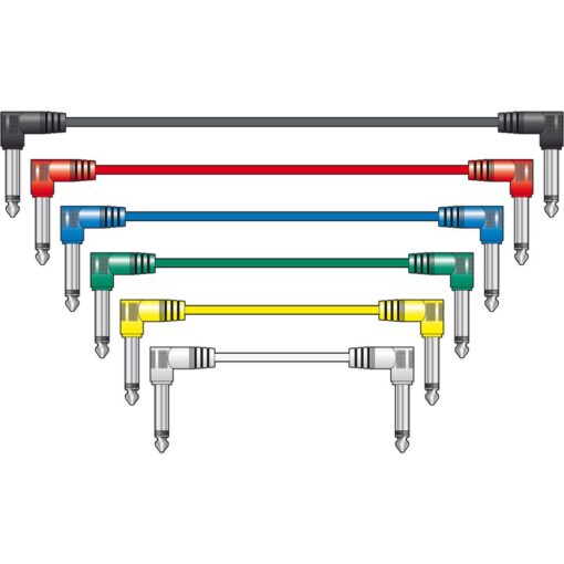 6x 100cm 1m 6.35mm Right Angled Jack Plug Mono Patch Lead Set Guitar Pedals Mixers - Coloured