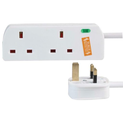 10m 2 Gang Way 13A Surge Protected Socket Mains Power Extension Lead Cable White
