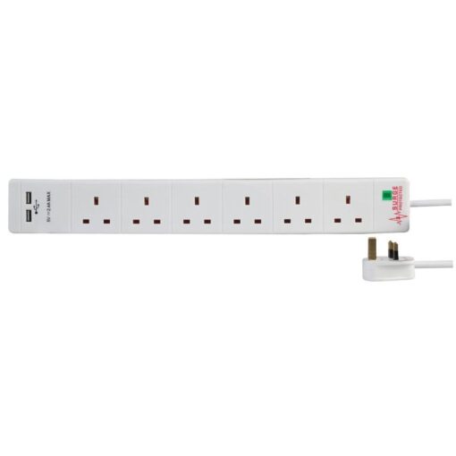 6 Gang Way 1m 13A Mains Power Surge Protected 2 x USB Charge Ports 2.4A 5v Extension Socket Cable - White