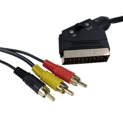 1.5m Scart to 3 x Phono Cable IN OUT Switchable Triple RCA Composite Lead Switch Gold Plated