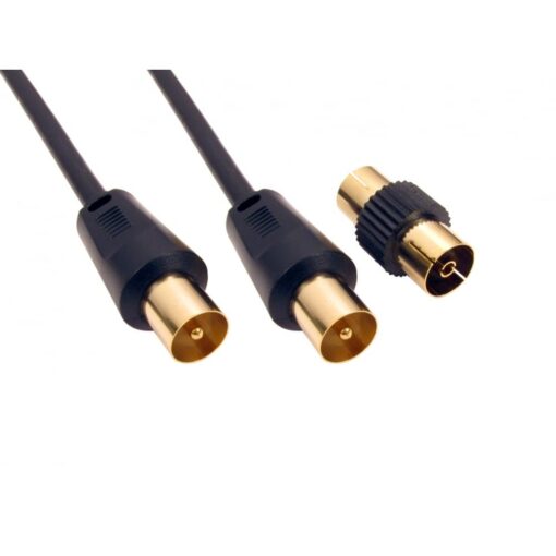 0.5m TV Ariel Cable Lead Connector Male to Male with Female Coupler - Black