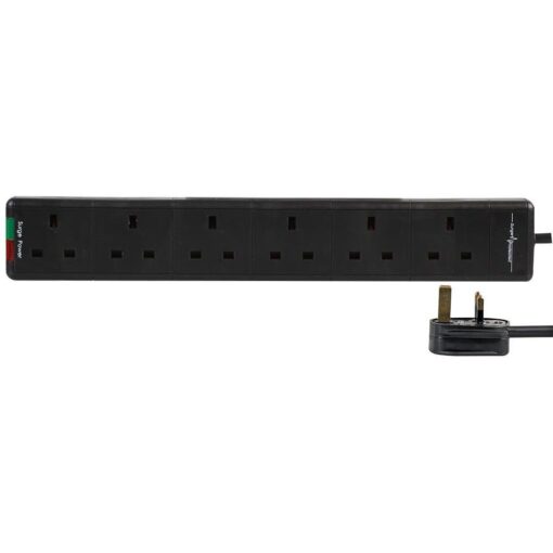 6 Gang Way 1m Metre 13A Mains Power Extension Socket Lead Cable Black