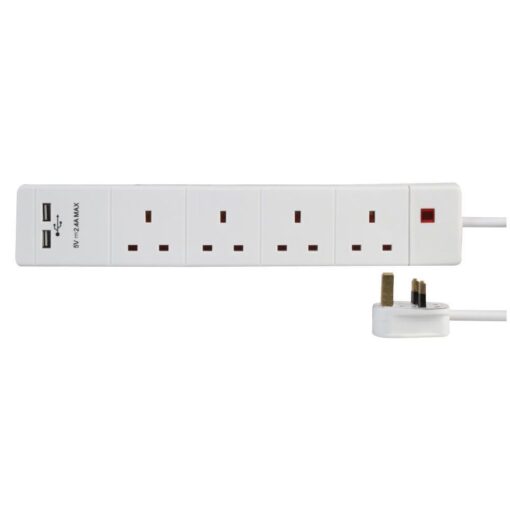 4 Gang Way 5m 13A Mains Power 2 x USB Charge Ports 2.4A 5v Extension Socket Cable - White