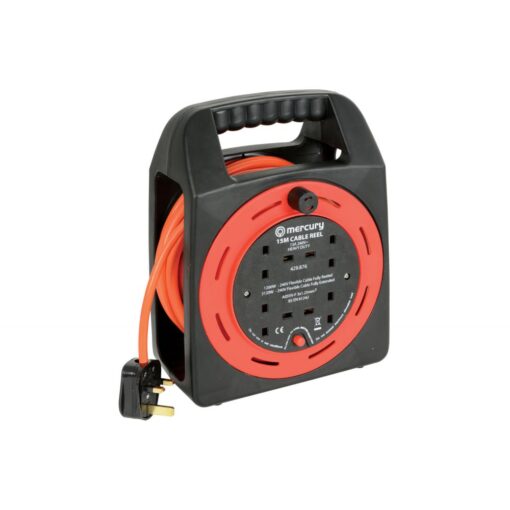 15m Meter 4 Way Gang Mains Extension Reel HEAVY DUTY Thermal Cut Out 13A Carry