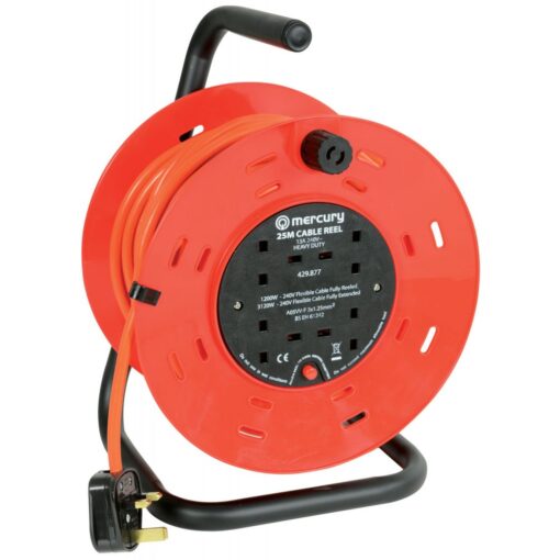 25m Meter 4 Way Gang Mains Extension Reel Drum HEAVY DUTY Thermal Cut Out 13A