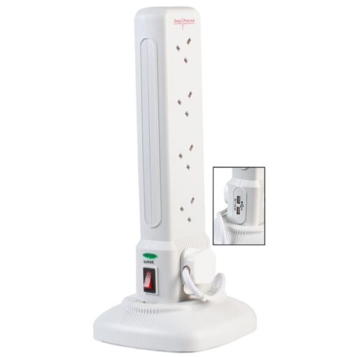 10 Gang Way 2m 13A Mains Power Tower 2 x USB Charge Ports 2.1A 5v Extension Socket Cable White