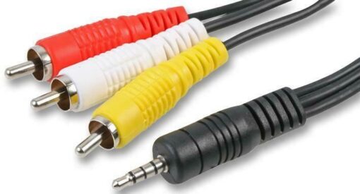 0.15m - 3.5mm 4 Pole Jack STRAIGHT output to 3 x Phono Audio Left, Right, Video. For Camcorder AV Output