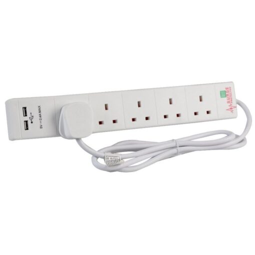 5 Gang Way 2m Metre 13A Mains Power Extension Socket Lead Cable Surge Protected 2 x USB Charge ports 2.4A 5v White