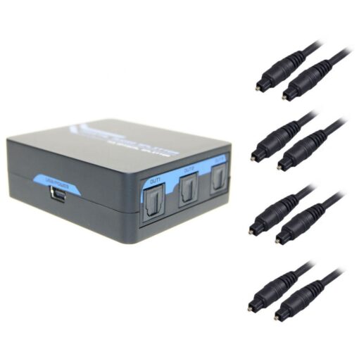 Ex-Pro AV-Pro 3 Way TosLink Digital Optical Audio Splitter with 4 x 2m Optical Cables.