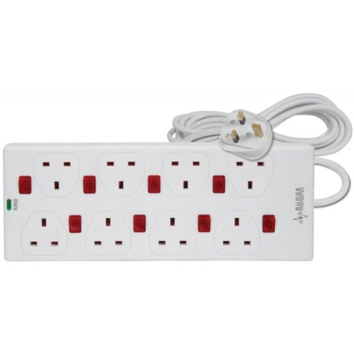 Mercury 8 Gang Extension Cable with Surge Protection & Neon Switches | 2 Metre Cable, White