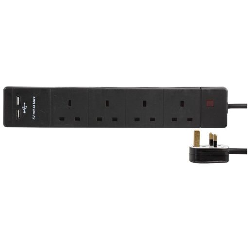 4 Gang Way 5m 13A Mains 2 USB Charge Ports 2.4A 5v Extension Cable Black
