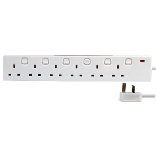 6 Gang Way 1m Metre 13A Mains Power Extension Socket Lead Cable Switch White