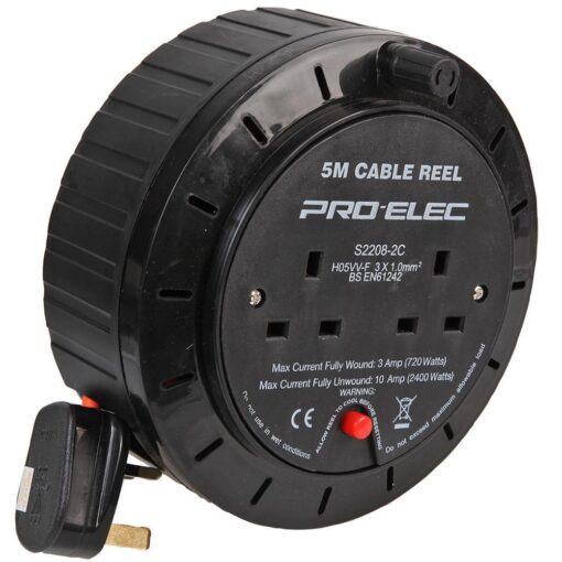 5m 2 Gang Way Cable Reel Mains Extension - Black