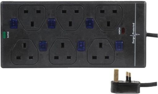 6  Gang Extension with 1.35 Meter Lead Individually Switched Sockets Black Finish Surge Protection Current Rating: 13A