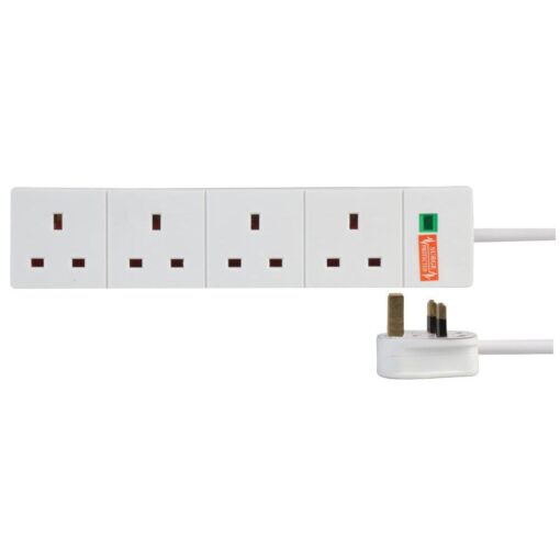 4 Gang Way 2m Metre 13A Mains Power Extension Socket Lead Cable White Surge Protected