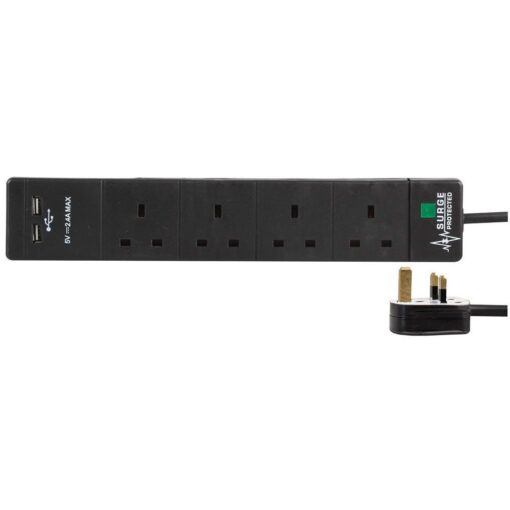 4 Gang Way 3m 13A Mains Power Surge Protected 2 x USB Charge Ports 2.4A 5v Extension Socket Cable - Black