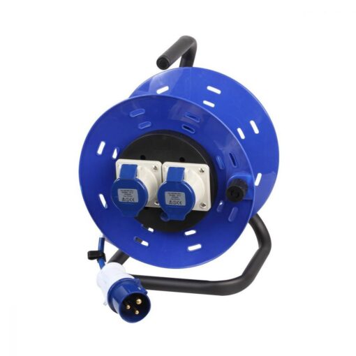 2 Gang Open Reel Drum with 25m Extension Cable, 240V 16A, 3 Pin Hook Up EN60309 Plug Socket for Caravan Site Camping Motorhome Mar...
