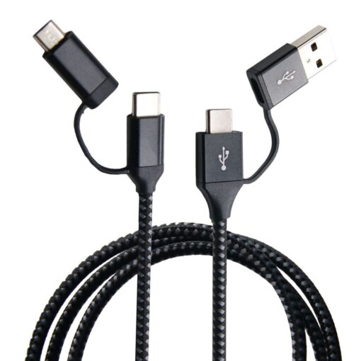 Ex-Pro 4-in-1 USB Type C + Type A to USB-C + Micro B Cable, 480Mbps Data Transfer, 5V/3A Fast Charging, Nylon Braided - Black, 1m
