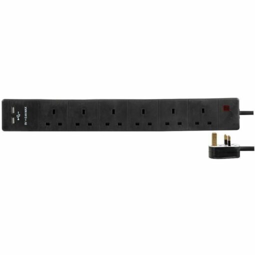 6 Gang 2m Extension Lead with 2 x USB Sockets - Black