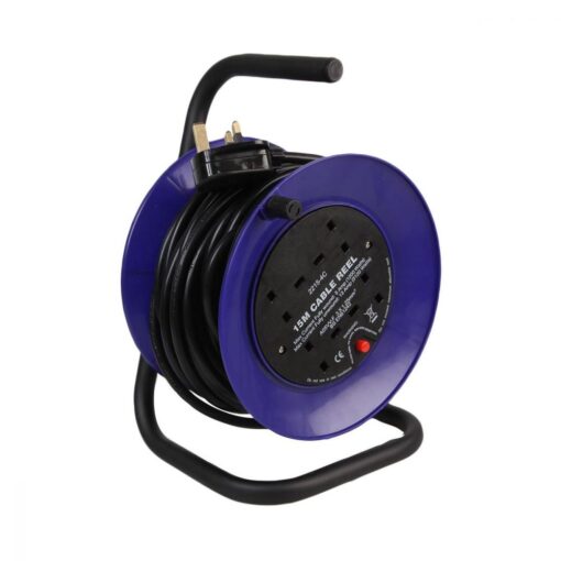4 Gang Mini Open Cable Reel Extension Lead with Handle and Thermal Cut Out, 15m, Blue