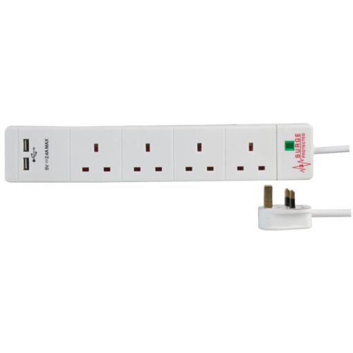 4 Gang Way 2m 13A Mains Power Surge Protected 2 x USB Charge Ports 2.4A 5v Extension Socket Cable - White