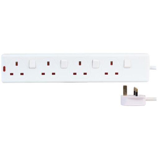 4 Gang Way 5m Metre 13A Mains Power Extension Socket Lead Cable White Individually Switched