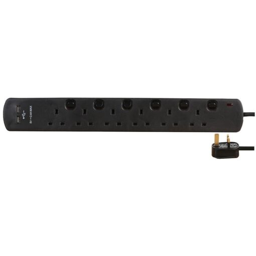 6 Gang Way 2m 13A Mains Individually Switched Power 2 x USB Charge Ports 2.4A 5v Extension Socket Cable - Black