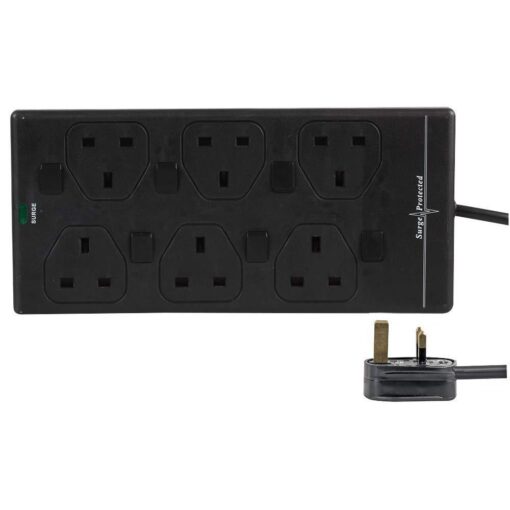 2m Black 6 Gang Individually Switched Surge Protected Extension Lead