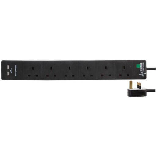6 Gang Way 2m 13A Mains Individually Switched Power Surge Protected 2 x USB Charge Ports 2.4A 5v Extension Socket Cable - Black