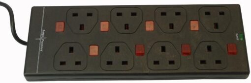 8 Gang Way 2m Metre 13A Mains Surge Protected Individually Switched Power Extension Socket Lead Cable Black