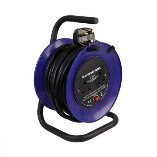 2 Gang Mini Open Cable Reel Extension Lead with Handle and Thermal Cut Out, 15m, Blue