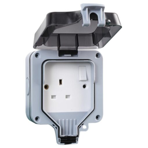 Outdoor 1 Gang Mains 13A Single Switched Socket IP66 Weatherproof, with Hinged Cover and Locking Clip, for Shed Garage