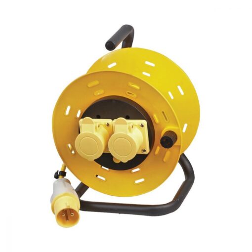 2 Gang Open Reel Drum with 50m Extension Cable, 110V 16A, 3 Pin Hook Up EN60309 Plug Socket for Industrial Work Construction Build...