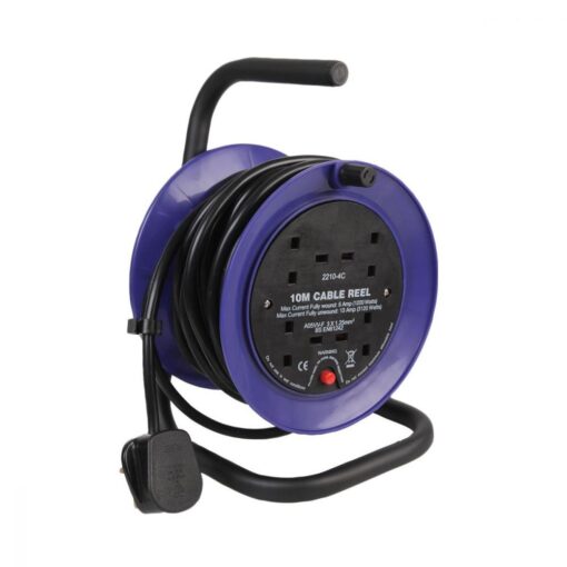 4 Gang Mini Open Cable Reel Extension Lead with Handle and Thermal Cut Out, 10m, Blue