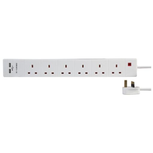6 Gang Way 1m 13A Mains Power 2 x USB Charge Ports 2.4A 5v Extension Socket Cable - White
