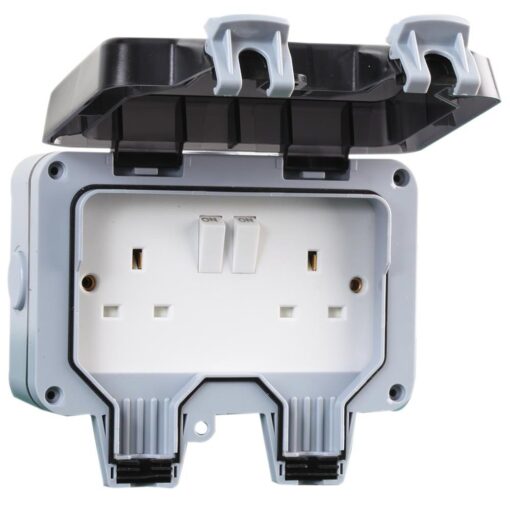 Outdoor 2 Gang Mains 13A Double Switched Socket IP66 Weatherproof with Hinged Cover and Locking Clip, for Shed Garage