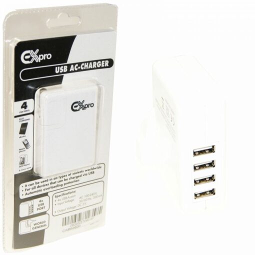 USB Mains Charger Kit 4 Port  UK/USA/EU 15W (5V 3A) for Phones / Tablets - White