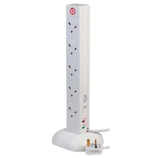 10 Gang Way Tower Desktop Surge Protected Mains Extension Adapter 1m White