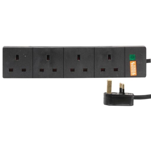 Ex-Pro 4 Gang Way 1m Metre 13A Mains Power Extension Socket Lead Cable Black Surge Protected