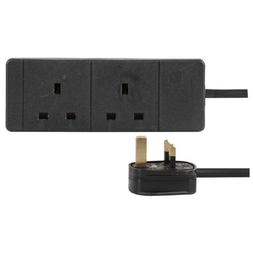 2 Gang Way 1m Metre 13A Mains Power Extension Socket Cable Lead Black