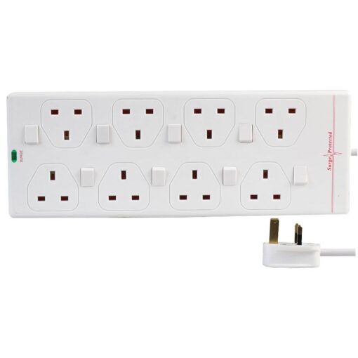 8 Gang Way 3m Metre 13A Mains Surge Protected Individually Switched Power Extension Socket Lead Cable White