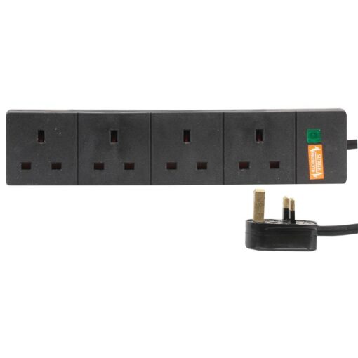 4 Gang Way 2m Metre 13A Mains Power Extension Socket Lead Cable Black Surge Protected