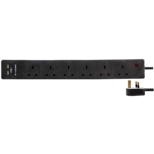 6 Gang Way 1m 13A Mains Power 2 x USB Charge Ports 2.4A 5v Extension Socket Cable - Black