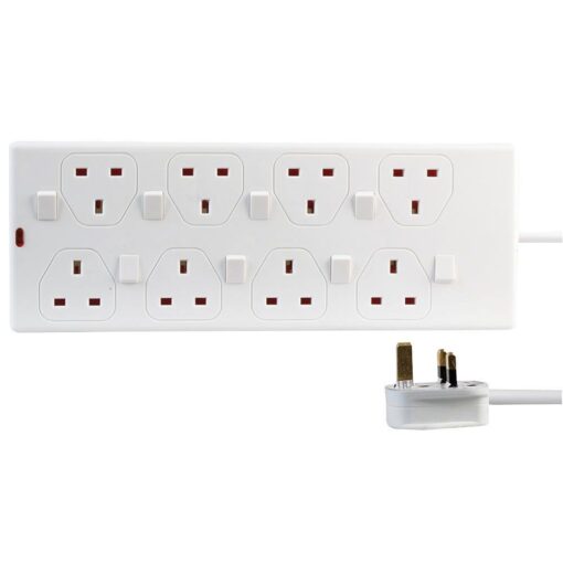 8 Gang Way 1m Metre 13A Mains Individually Switched Power Extension Socket Lead Cable White