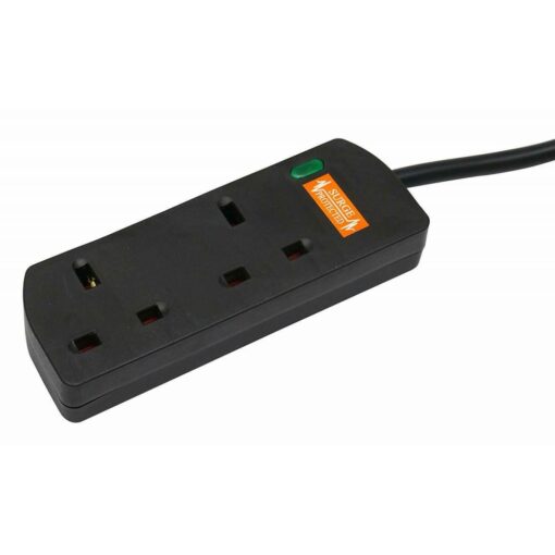 2m 2 Gang Way 13A Surge Protected Socket Mains Power Extension Lead Cable Black