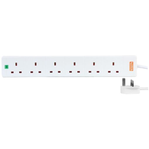 6 Gang Way 10m Metre 13A Mains Power Extension Socket Lead Cable Surge Protected White