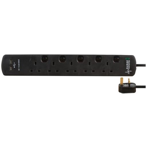 5 Gang 2 USB Surge Protected Extension Lead, 2m, Black