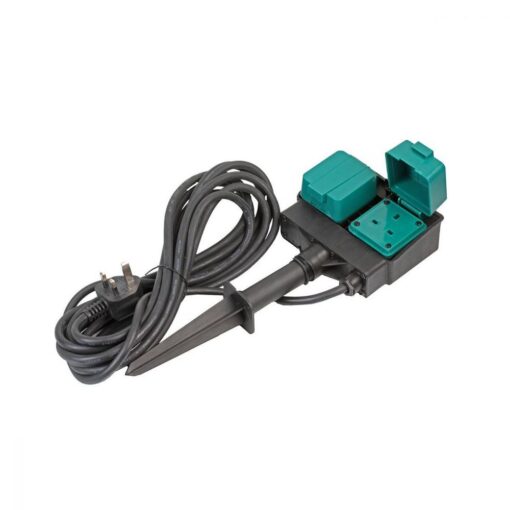 2 Gang Outdoor Garden Spike Double Mains Socket with 6m Extension Cable, Hinged Loaded Covers, IP44 Spray and Splash Proof
