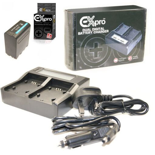 Ex-Pro® Sony BC-VM50, BC-VM1 Ultra Pro Charger LCD Dual Mains & Car Charger with Sony NP-F960/NP-F990 10400mAh Samsung UK CELL Bat...
