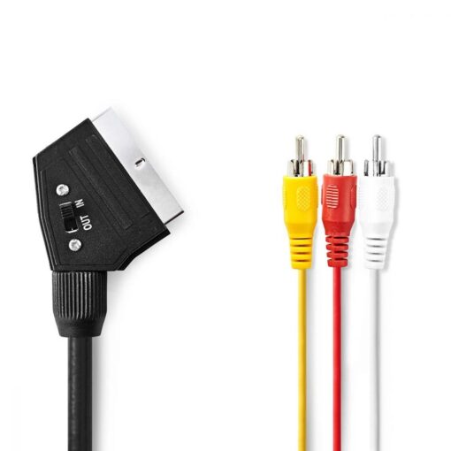 1m Scart to 3 x Phono Cable IN OUT Switchable Triple RCA Composite Lead Switch